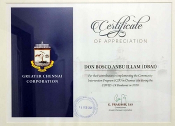 Índia – Certificado de apreço pelo programa de ação “Don Bosco Anbu Illam”
