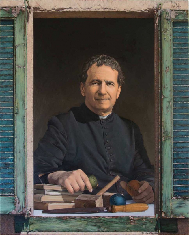 Spagna - Il nuovo quadro di Don Bosco. Una serranda verde che è un punto di speranza e di fiducia nel futuro